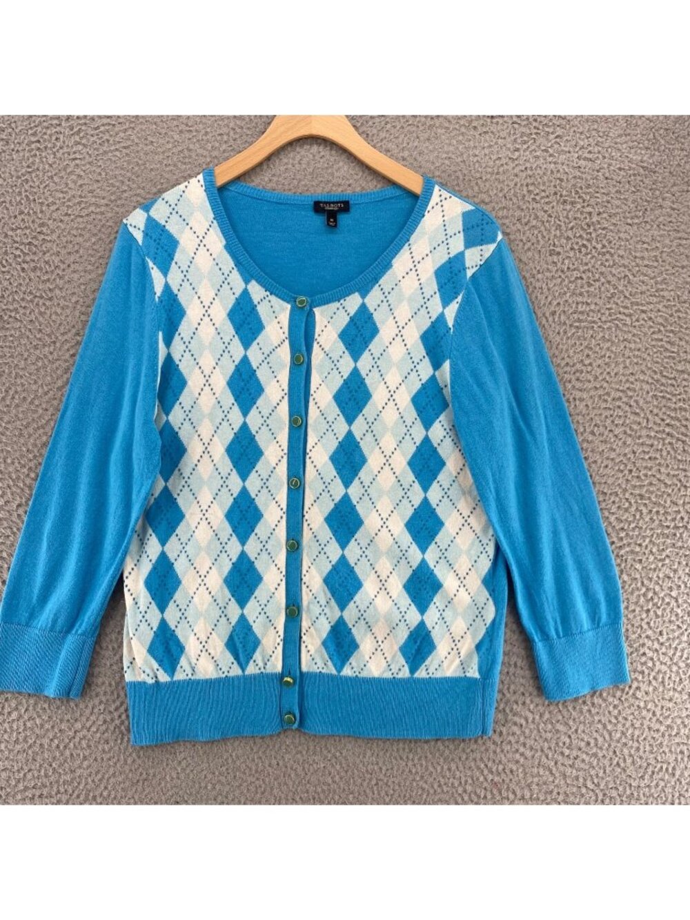 Talbots Sweater Womens Medium Blue Argyle Cotton Silk Blend Button Up Cardigan